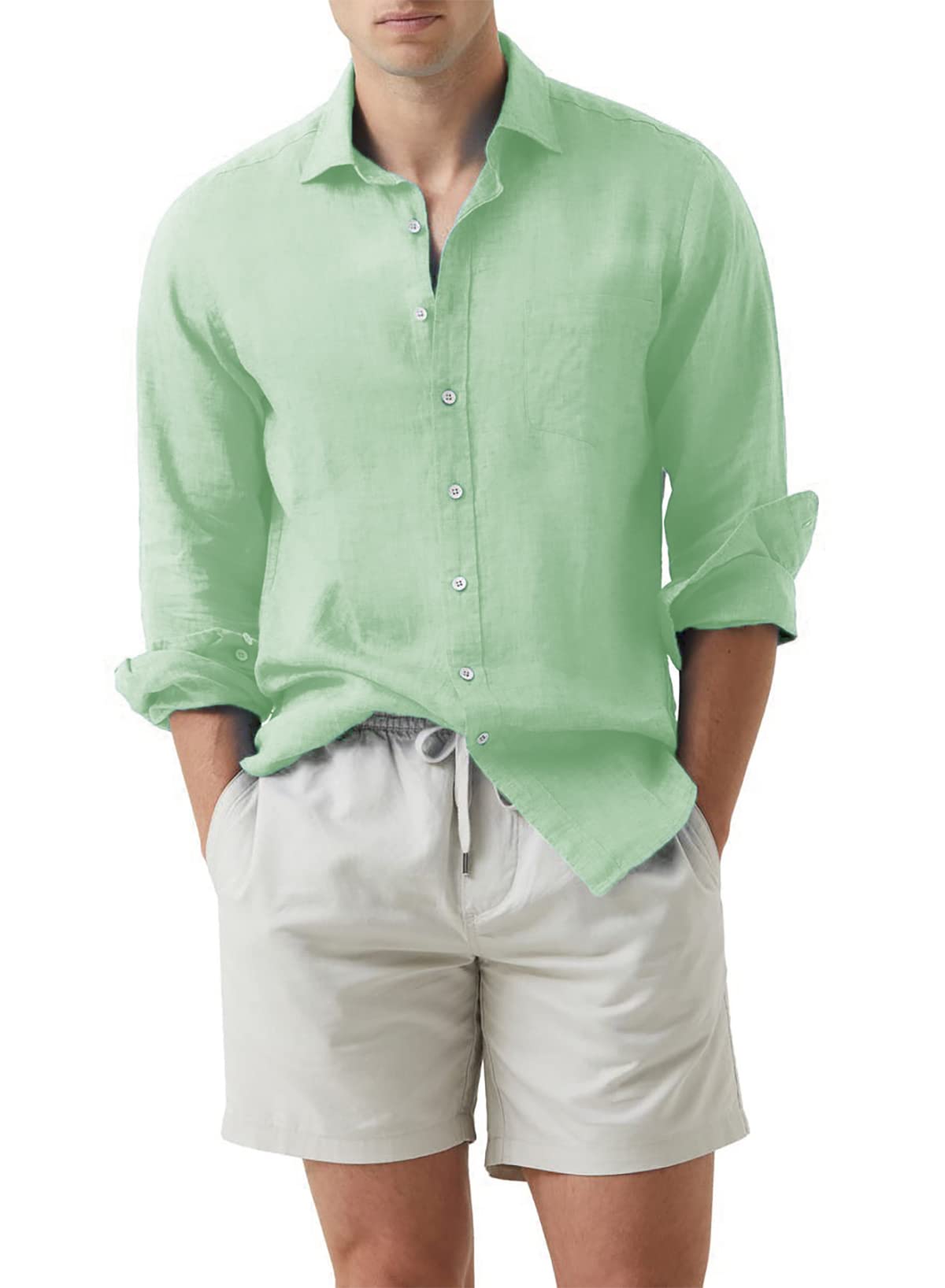 APOONABA Camisa Lino Hombre Manga Larga Camisa Casual Coton Camisas Clásico Color Sólido Shirts Business Camisetas con Bolsillo