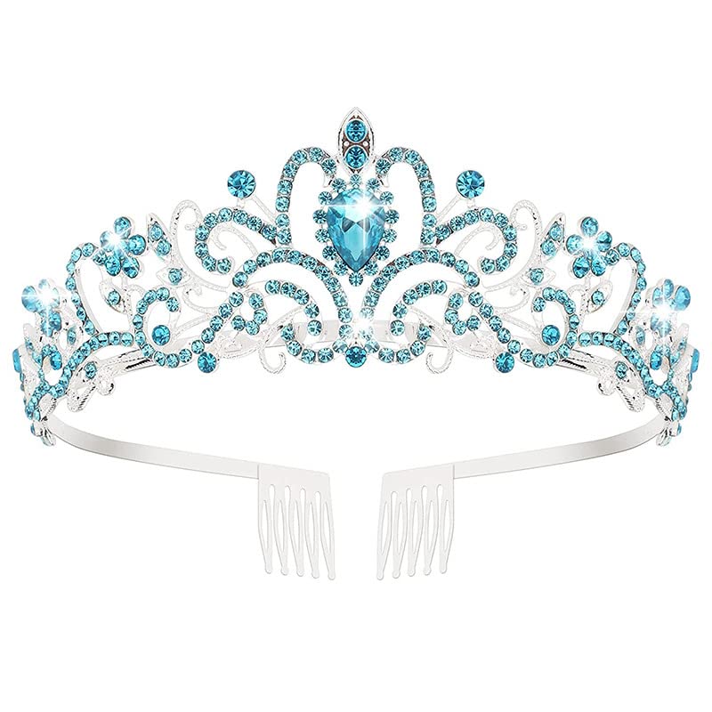 Bridal Princess Girl Tiara and Rhinestone Crown Headband Hair Accessories for Women Wedding Ceremony Party (Silver Plating + Sky Blue)-image-41