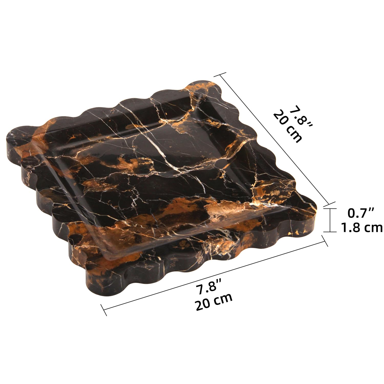 Plateau Marbre Or Noir Plateaux Ondulé de Salle de Bain Rangement Plateau Décoratif pour Coiffeuse, Mouchoirs, Bougies, Serviettes, Cosmétiques, Cuisine, Parfum, Porte-clés 20 x 20 cm