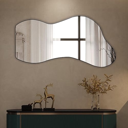 Miniatura 7 de Espejo grande de forma única irregular, espejo de pared asimétrico grande, espejo de pared ondulado moderno negro para sala de estar, baño,