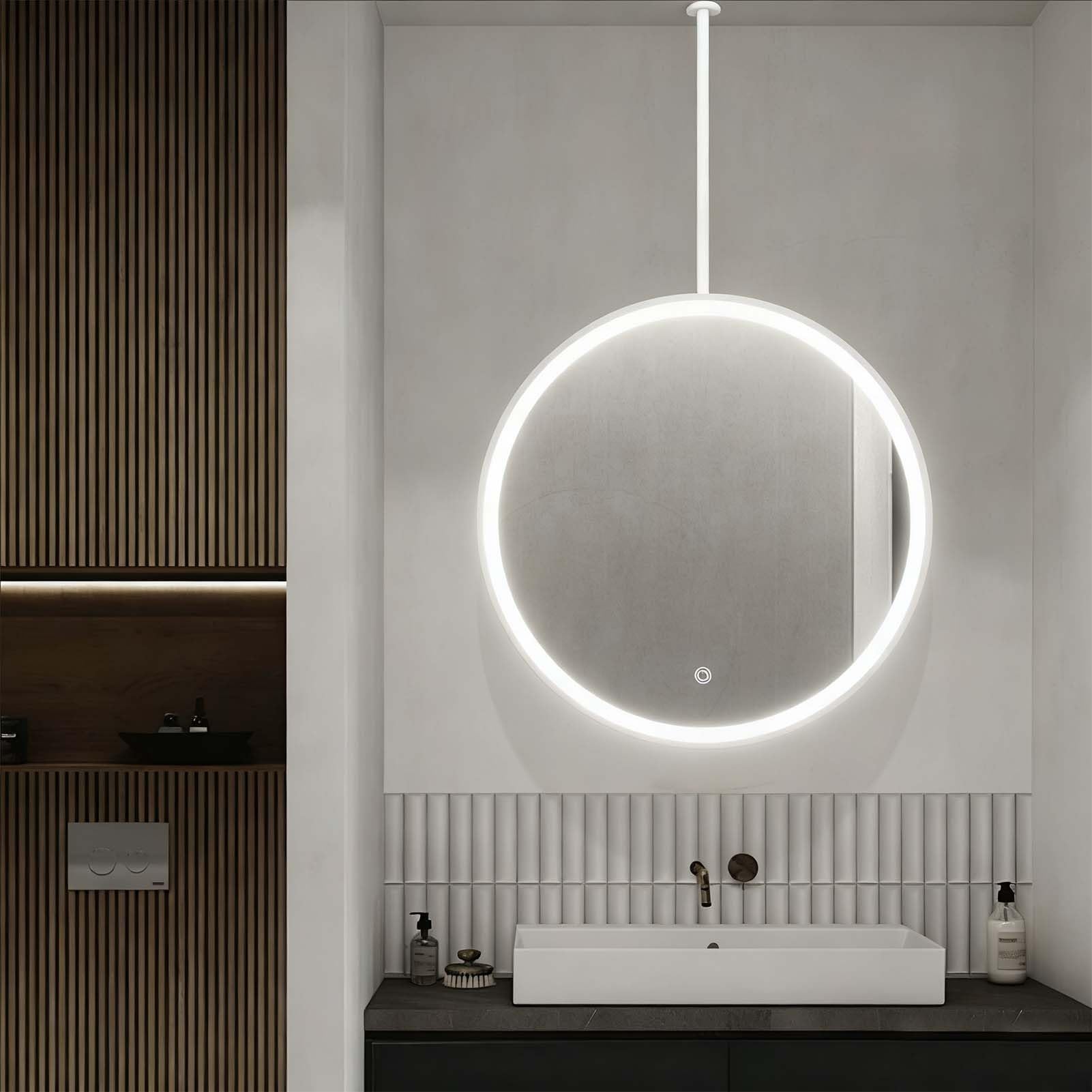 FGXHHS LED with Lights, 3 Colors Dimmable Vanity Makeup Ceiling Hanging Circle Mirrors Metal Frame and Boom(White,Diameter-50CM/19.7INCH)