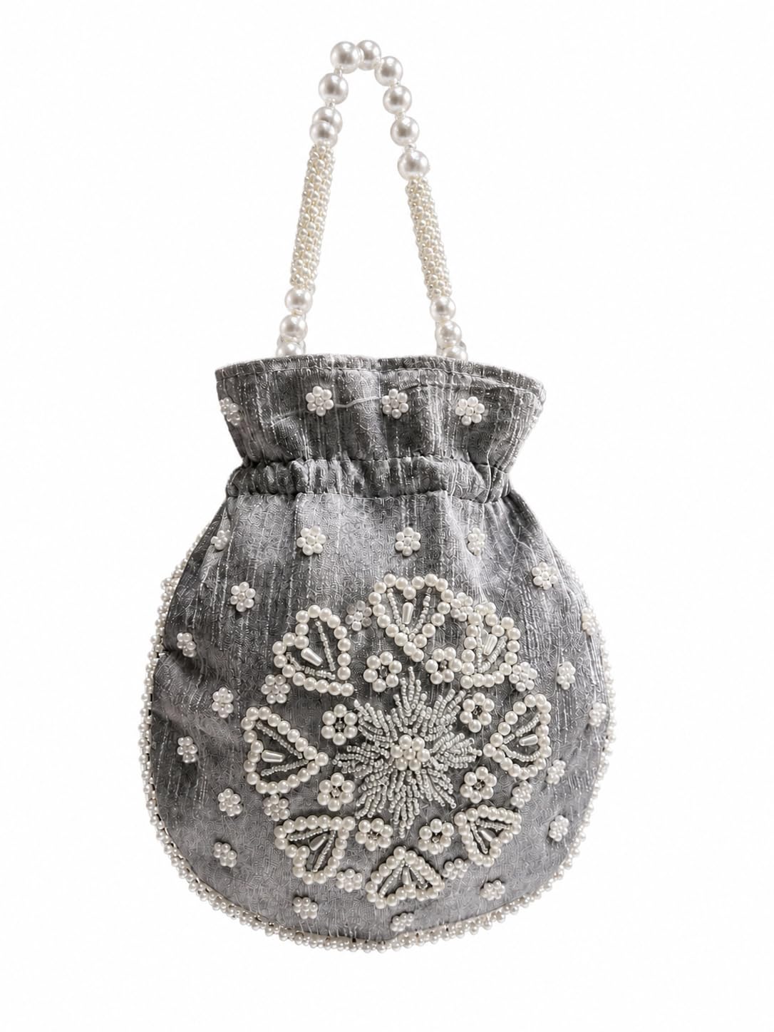Grey Potli Bag with Pearl Beaded Handle, Floral Embroidery-image-19