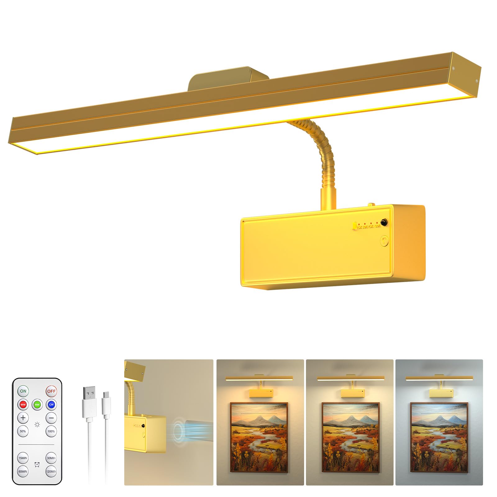 BrightArk Rechargeable Picture Lights for Wall, Wireless Picture Light with Remote & Timer, Dimmable Battery Operated Magnetic LED Art Light Wall Lights for Gallery,Dartboard,Frame, Gold (15 Inch) — image 1