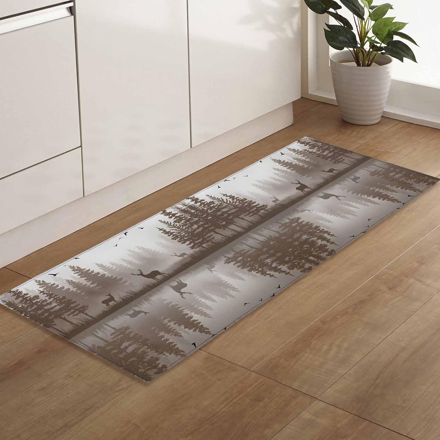 Kitchen Mats for Floor Forest Elk Bird Tree Silhouette Washable Non Slip Kitchen Rugs 1PCS, Animal Plant Natural Landscape Absorbent Standing Mats for Sink Bathroom Office Living Room 23.6x70.9in