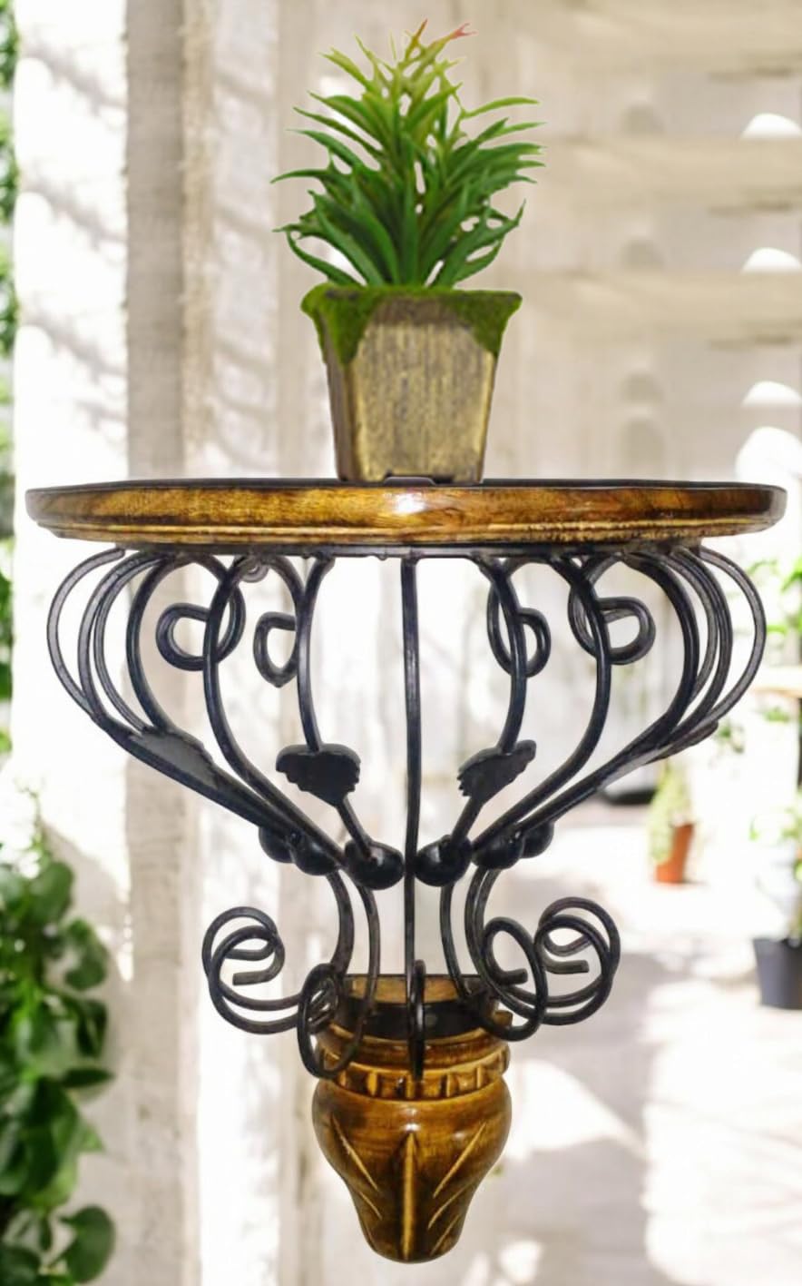 Woodiva Wooden & Wrought Iron Wall Bracket Shelf - Fancy Plant Stand & Garden Decor Rack for Home & Living Room, Black & Brown (35x30x15 cm)-image-31