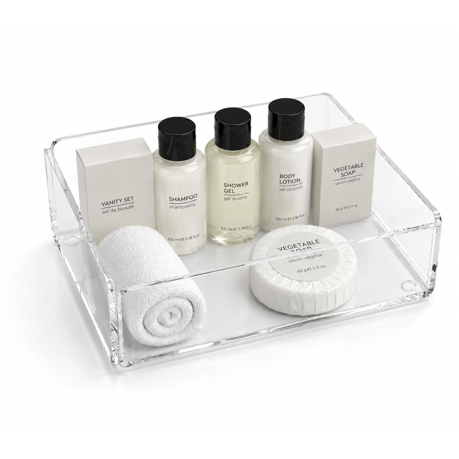 Agplex Kit Cortesia Bagno in Vetro Acrilico Trasparente 17x12x5 cm, Contenitore per Saponi, Creme e Accessori, Design Moderno per Hotel, Spa e Casa, Made in Italy