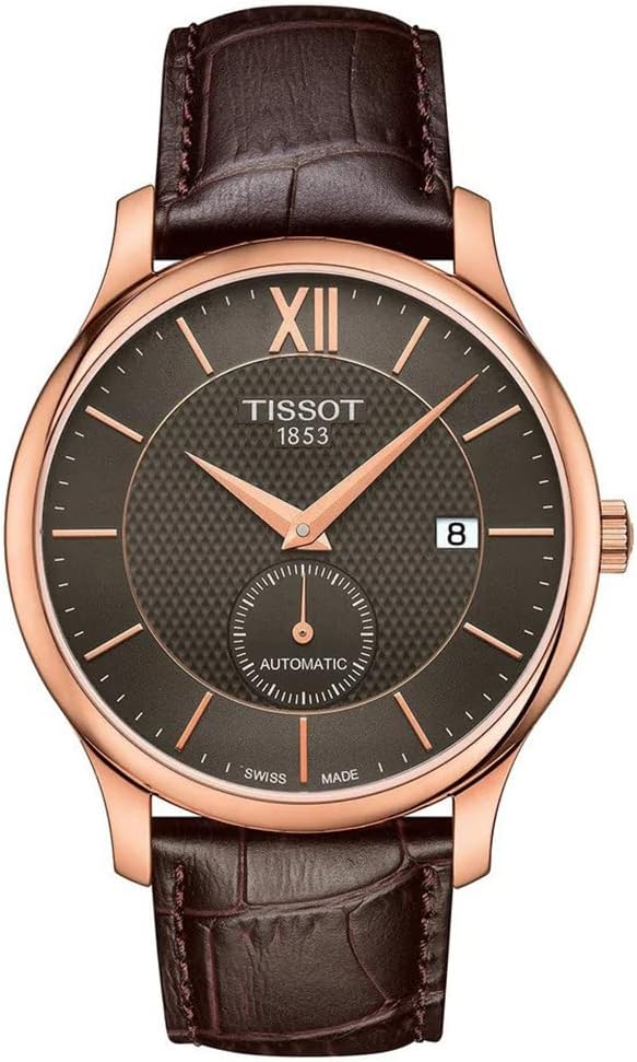 Tissot Mens Tradition Automatic Small Second 316L Stainless Steel case with Rose Gold PVD Coating Automatic Watch, Brown, Leather, 20 (T0634283606800)