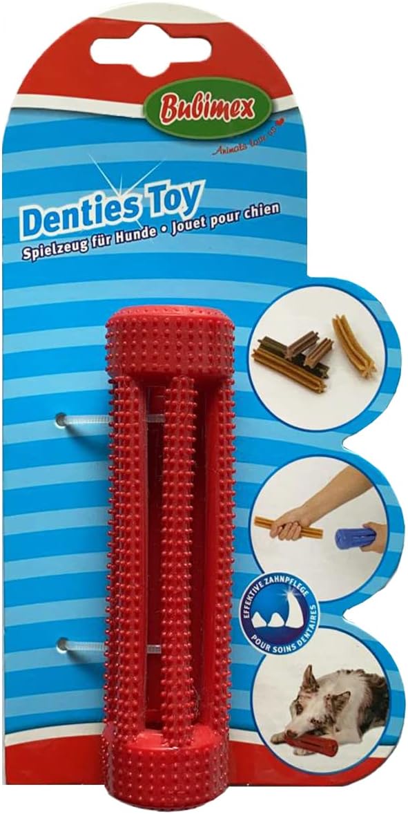 BubimexTeething Toy - Dog Chew Toy - Stuffing with Stick Treats - Teeth Cleaning - Gum Massager - Strong and Flexible TPR Rubber - 19x5x5cm - Red