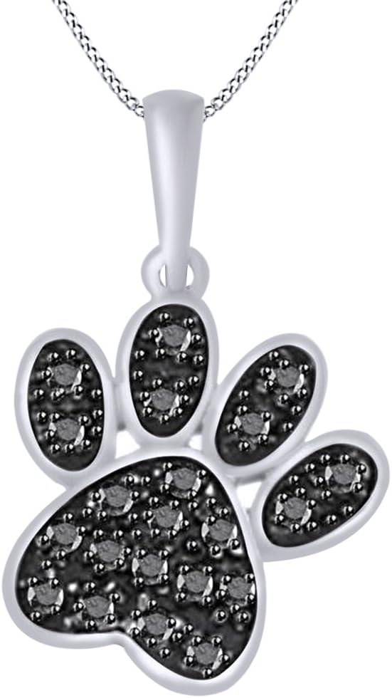 AFFY Round Cut Black Natural Diamond Paw Pendant Necklace in14K Gold Over Sterling Silver