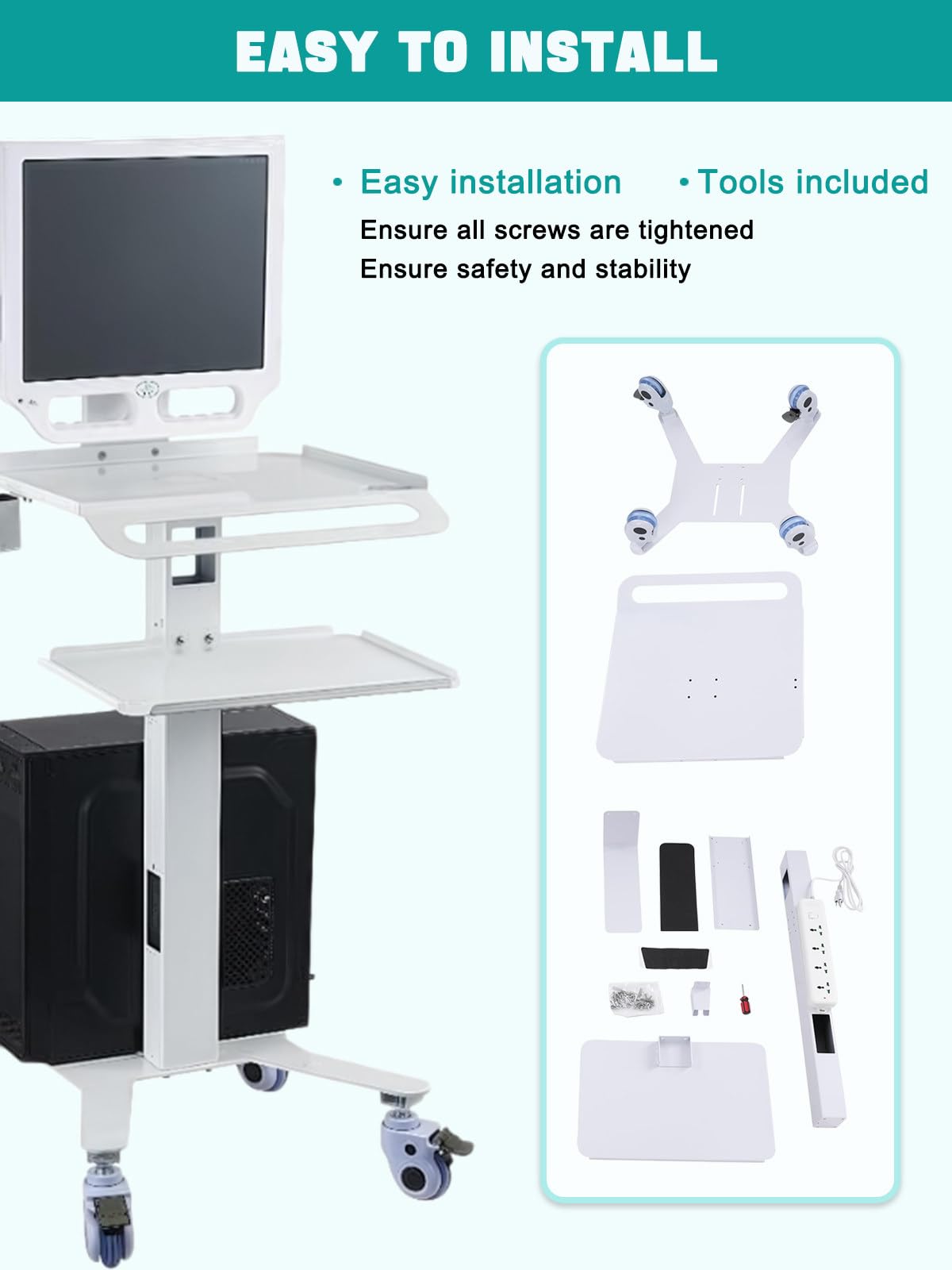 Carrito médico para Carrito móvil con Soporte para Monitor y Escáner Oral, Carro Dental con Ruedas, Carro de Doble Capa para Hospital, Clinica Dental y Oficina