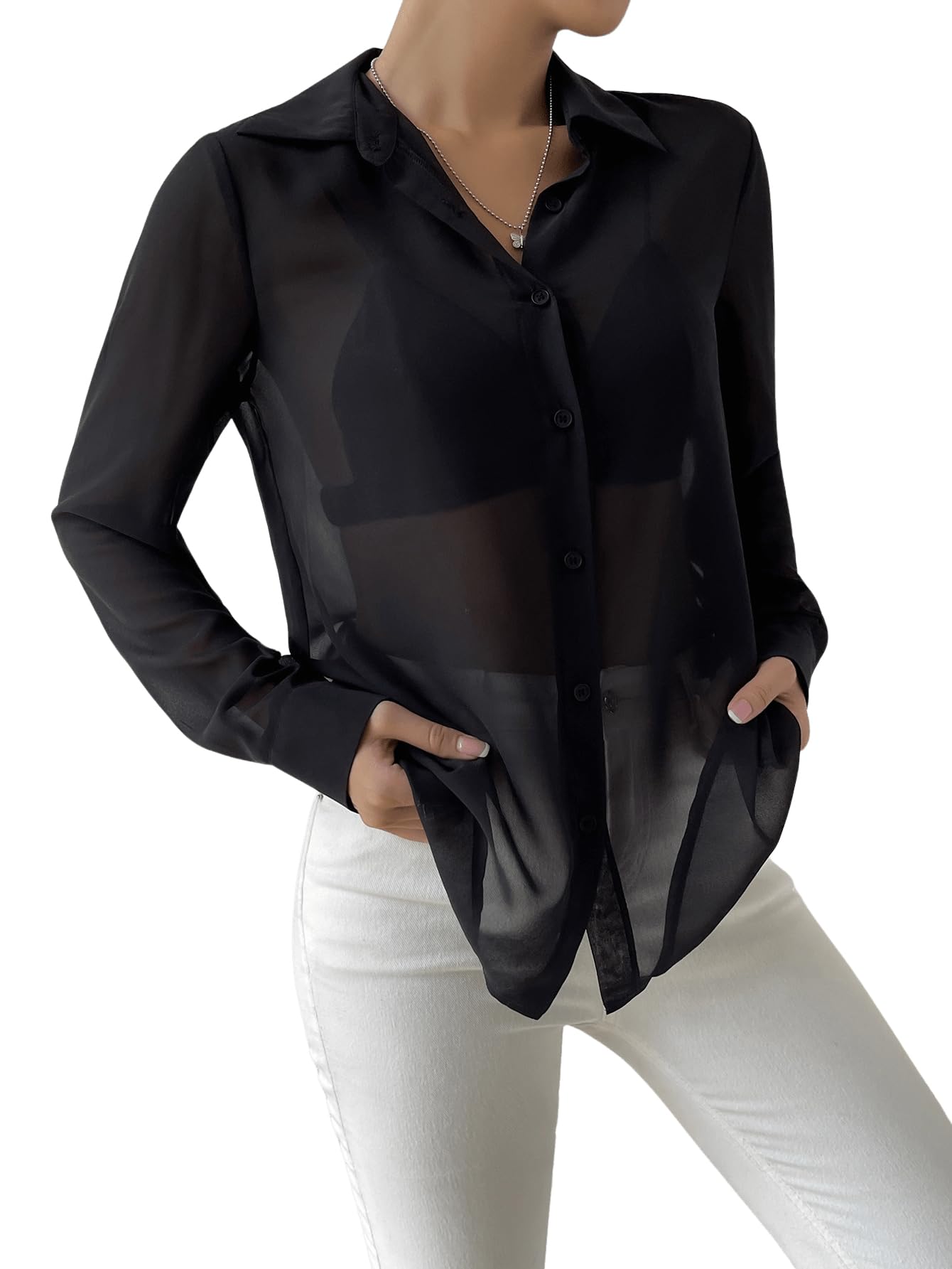 GORGLITTER Camicetta da donna trasparente in chiffon