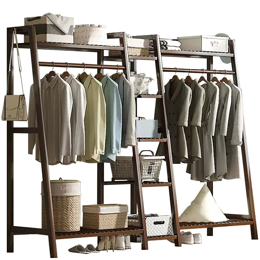 XDLEDMKIZ Bamboo Coat Rack with Top Shelf Hanging Rod and Shoe Rack Freestanding Clothes Rail and Wardrobe Closet for Bedroom and Hallway
