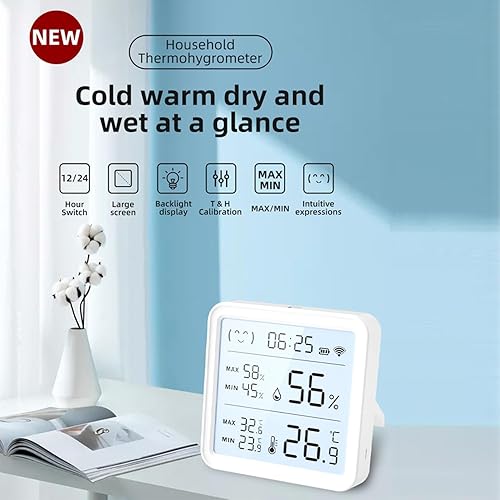 Miniatura 4 de Sensor de humedad y temperatura WiFi inteligente, termómetro higrómetro inalámbrico, reloj integrado y pantalla de hora, monitor inteligente de