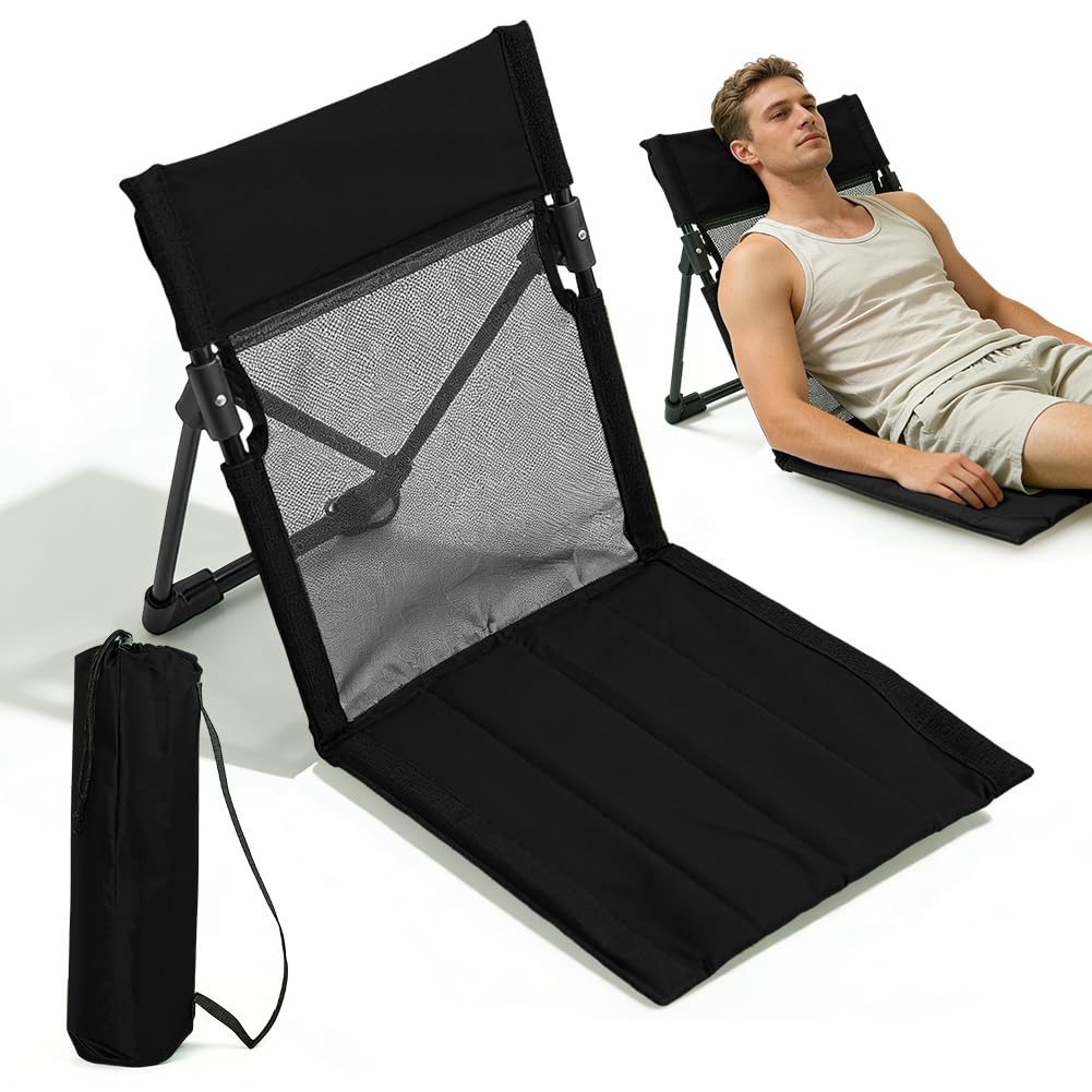 Sitzunterlage Outdoor, Strand-Klappstuhl, Strandstuhlkissen mit Rückenlehne, Gefaltetes Sitzkissen, Bodenstuhl Gefaltetes Sitzkissen, Strandmatte klappbar für Picknick Angeln Wandern Camping (Schwarz)