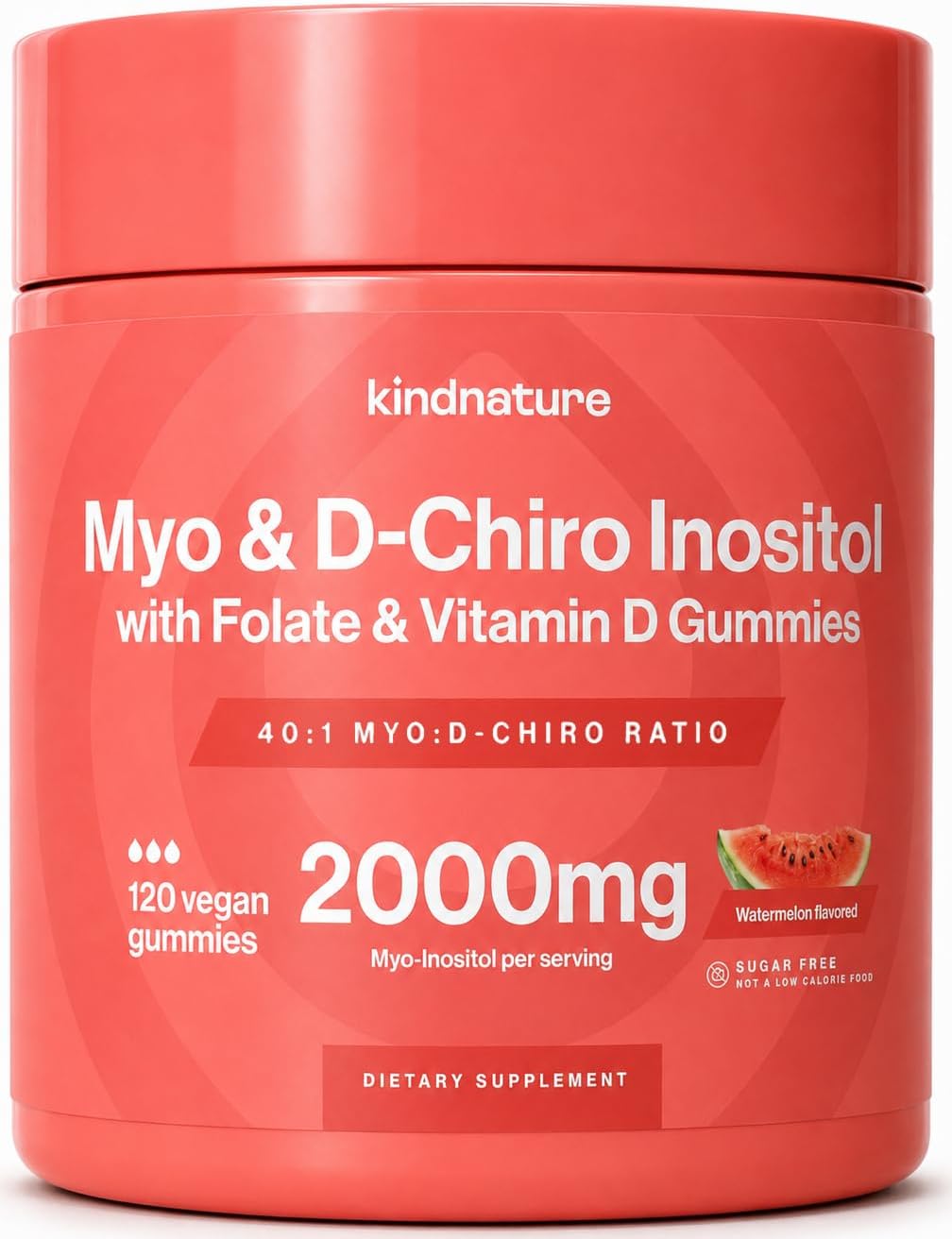 kindnature Myo-Inositol & D-Chiro Inositol Gummies for Women โ 2000mg + 50mg, Ideal 40:1 Ratio โ with Vitamin D & Folate โ Hormone Balance & Fertility Support โ Vegan, Watermelon Flavor (120 Gummies)