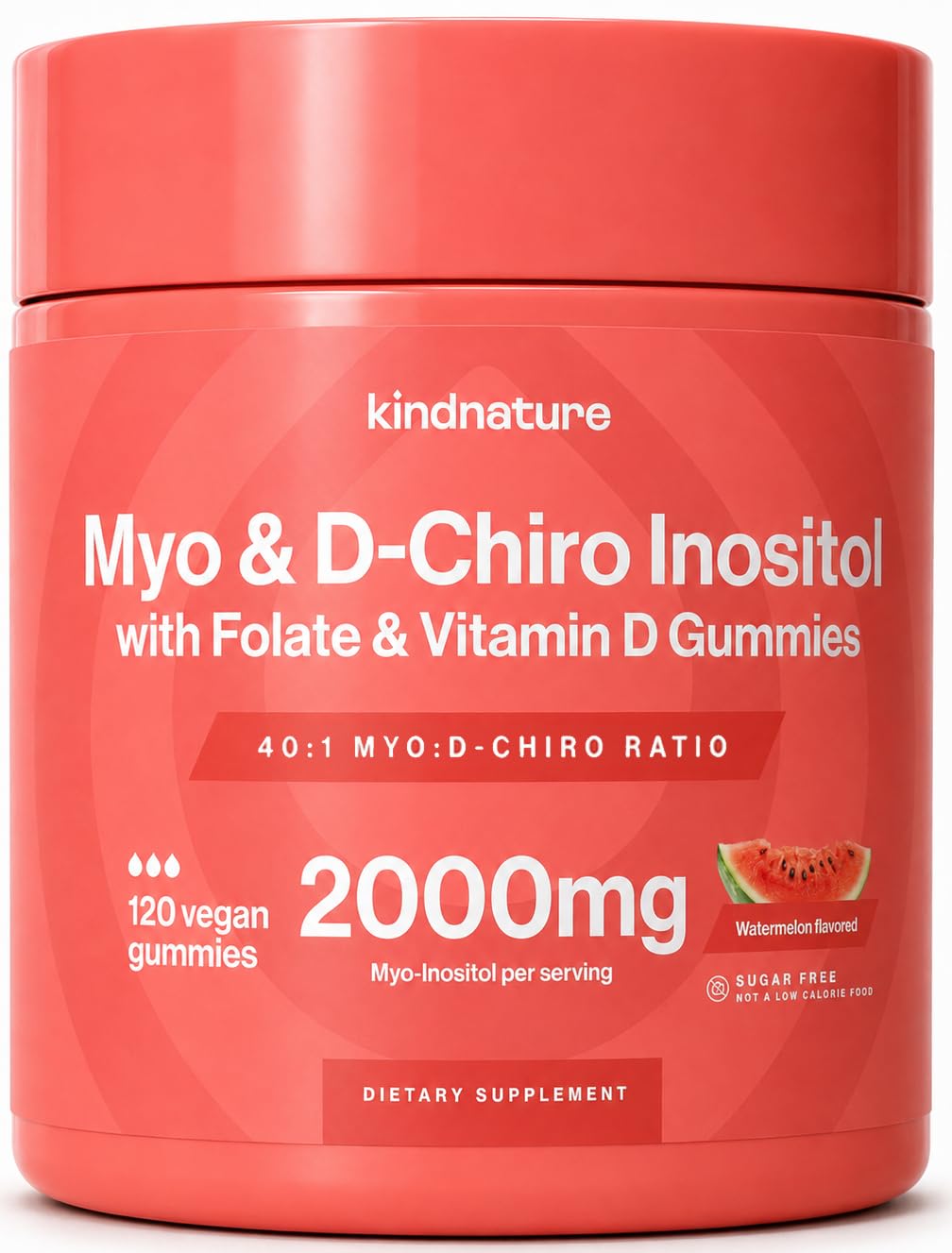 kindnature Gomas de Myo-Inositol e D-Chiro Inositol com Vitamina D3 e Metilfolato, 2.000 mg + 50 mg, 120 gomas