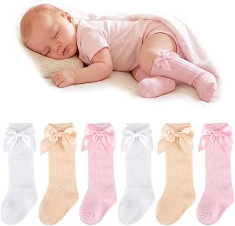 6 Pairs Newborn Knee High Socks Baby Girl Long Socks with Bow Infant Stockings for Preemie New Born Girls 0-3 Months