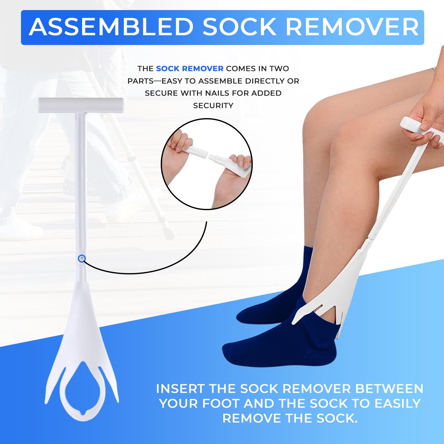 Kit de ayuda para calcetines de alta calidad, ayuda para quitar calcetines o medias, con un dispositivo de ayuda para calcetines súper flexible con cuerda larga. El juego perfecto para poner y quitar