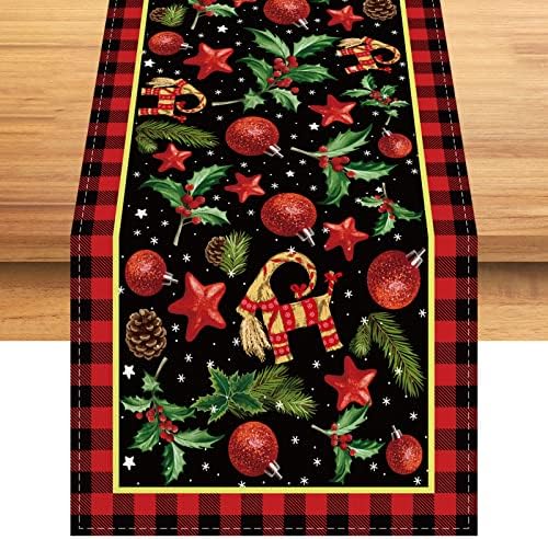 Rvsticty Linen Yule Table Runner Pagan Christmas Tablecloth Scandinavian Straw Goat Julbock Mistletoe Yule Christmas Decorations and Supplies for Home Table-13×72''