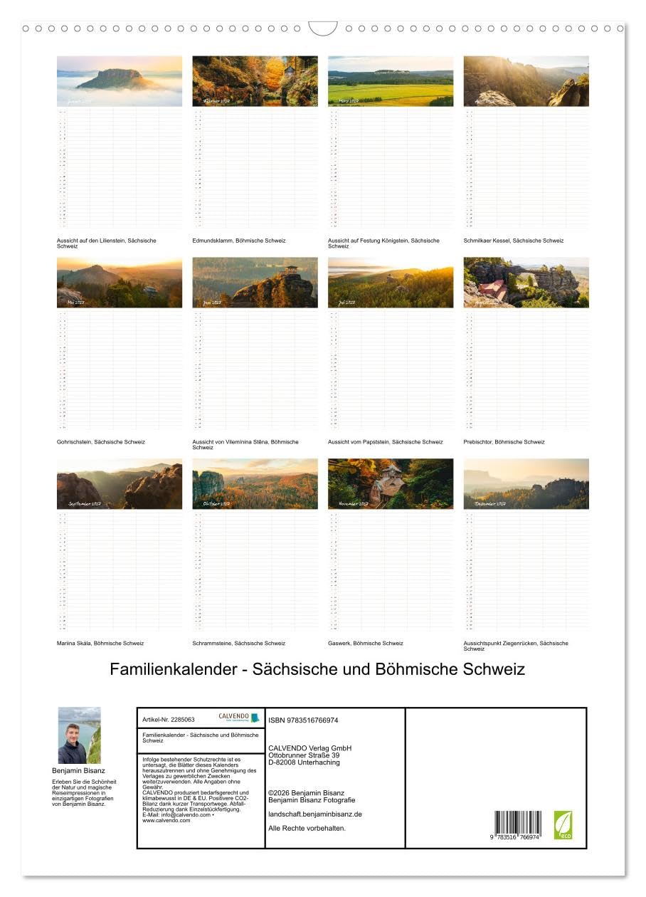 Familienkalender - Sächsische und Böhmische Schweiz (Wandkalender 2027 DIN A2 hoch), CALVENDO Monatskalender: Entdecke das Elbsandsteingebirge mit Ortsangaben (CALVENDO Natur)