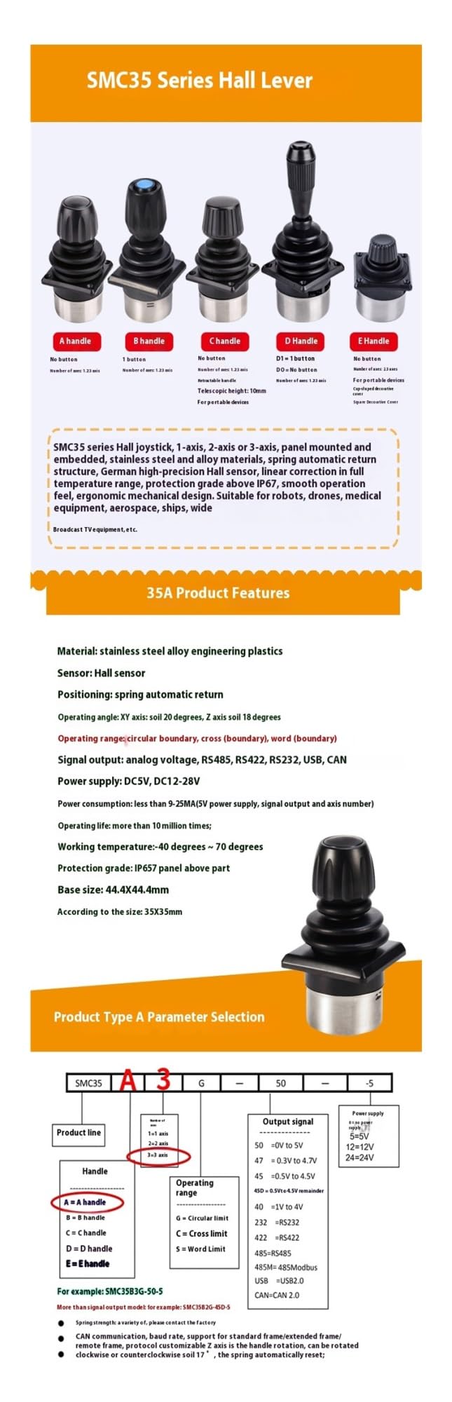 DMETE Controlador de palanca de mando Joystick Industrial SMC35A, Joystick De Control De Límite Circular De Tres Ejes, Joystick De Control Visual De Máquina Maniobras seguras(USB2.0-HID)
