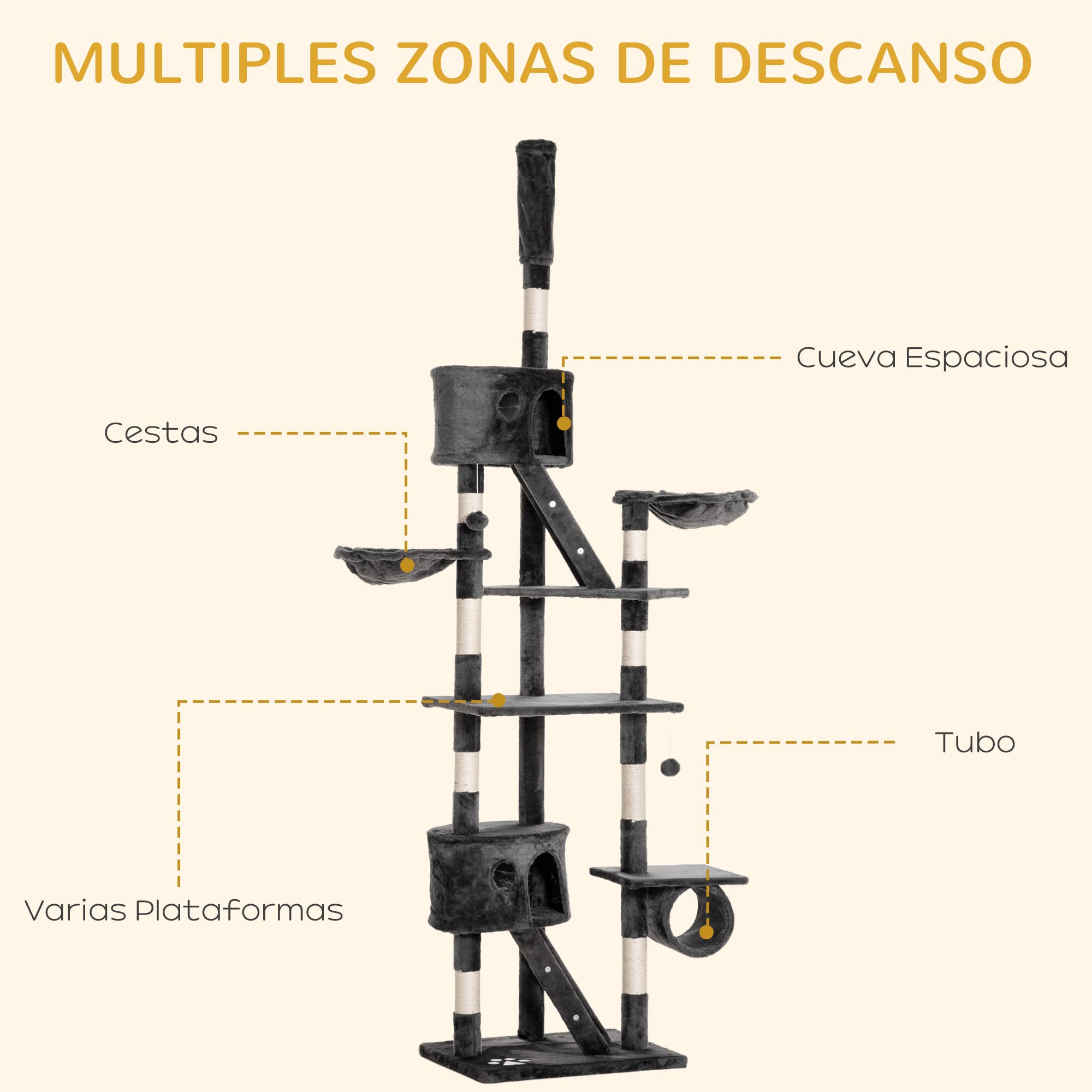 PawHut Árbol para Gatos de Suelo a Techo de 240-260 cm Gris Oscuro | Árbol Rascador para Gatos, Altura Ajustable, Múltiples Plataformas, Cuevas, Cestos y Rampas