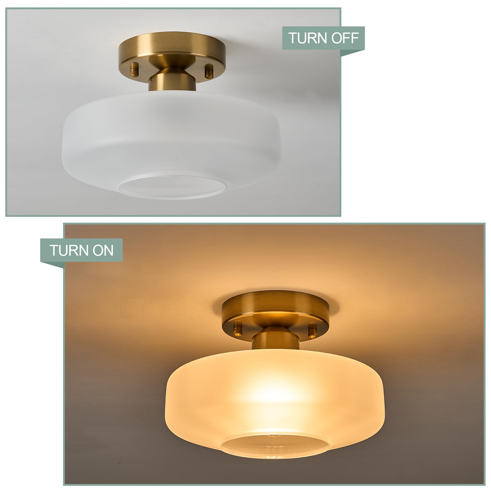 HUAWIYA Flush Mount Light with Frosted Glass Shade, Brass Gold Finish Ceiling Light Fixture for Kitchen, Hallway, Entryway, Bathroom, Closet