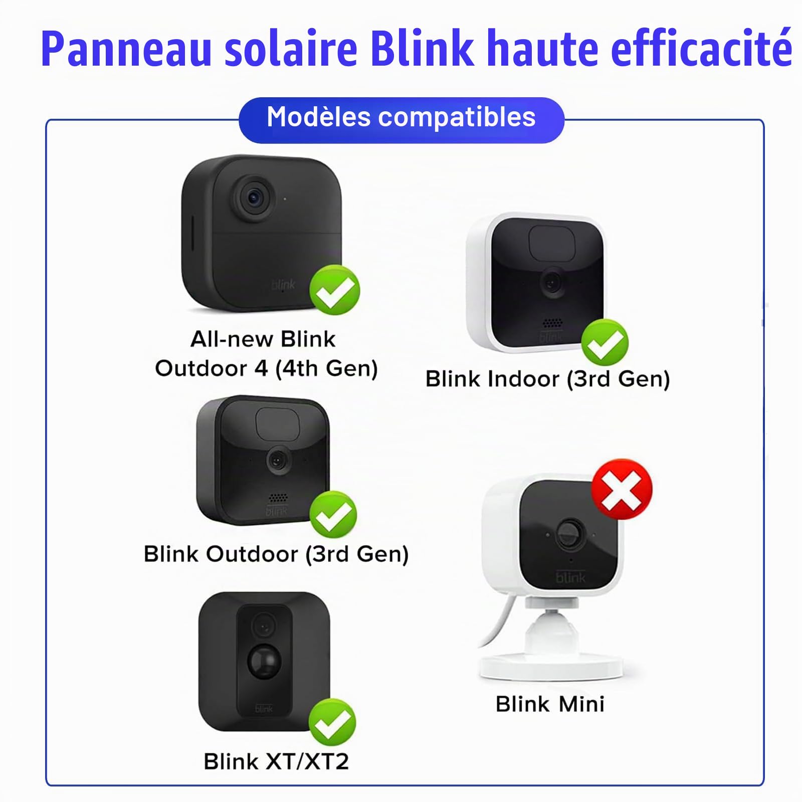 1 Panneau Solaire pour caméra, Panneau Solaire étanche Compatible avec caméra extérieure Blink Outdoor 4 (4e génération), avec câble d'alimentation extérieur de 4 m et Support réglable