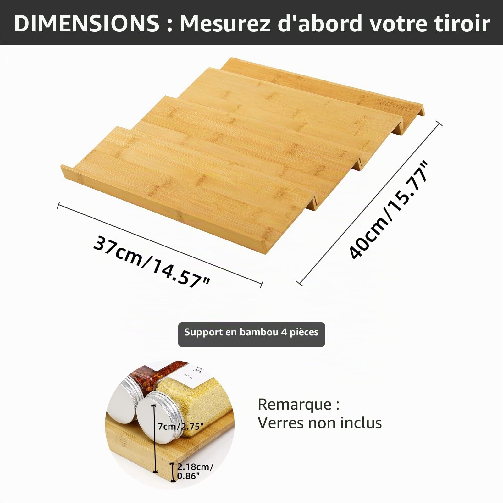 Organiseur de tiroir à épices en bambou à 4 niveaux pour placard, tiroir, comptoir, rangement d'assaisonnement de cuisine, 37 cm de large x 40,1 cm de profondeur (peut contenir jusqu'à 32 pots