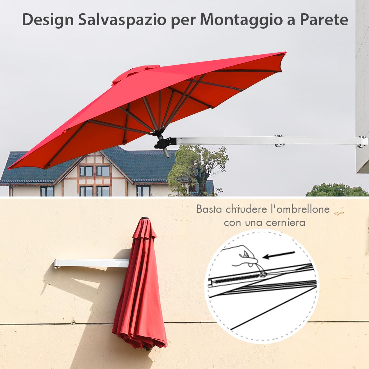 COSTWAY Ombrellone da Parete 250 cm, Ombrellone da Muro per Giardino con Angolo Regolabile, Parasole Esterno Pieghevole Anti UV, per Giardino, Balcone e Cortile (Rosso)