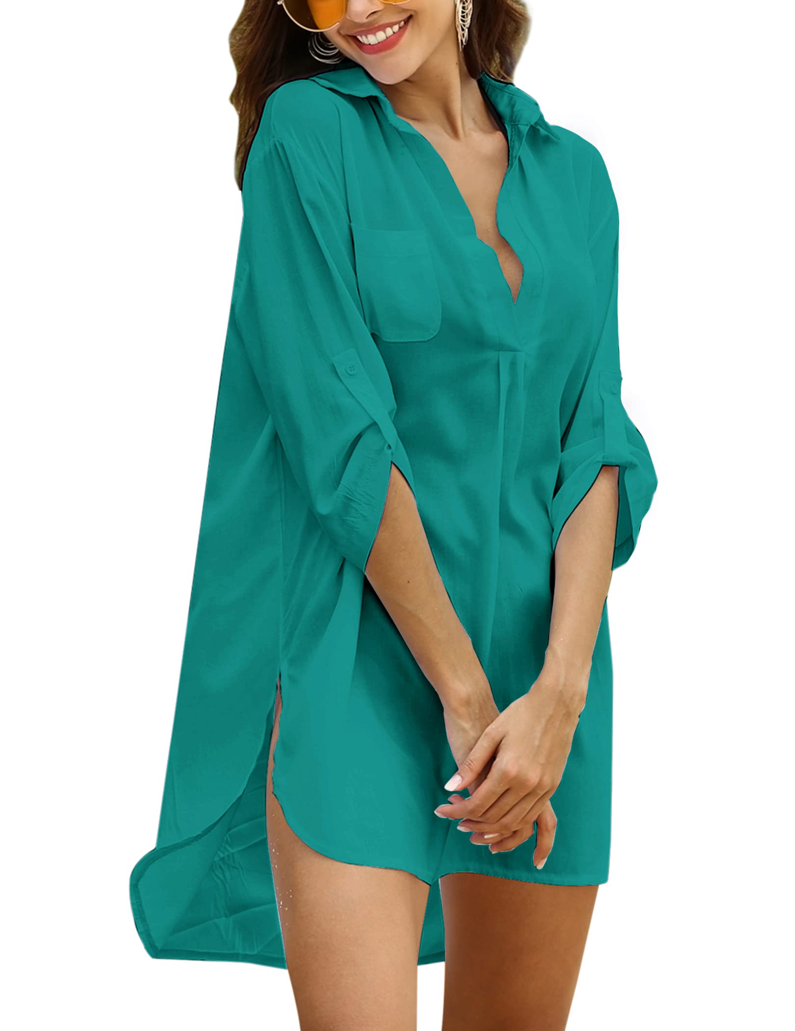 UNibelle Robe de Plage Femme Eté Boheme Robe col en V Bikini Cover Up Paréo Manches 3/4 Cache-Maillots Maillot de Bain Sexy, S-3XL
