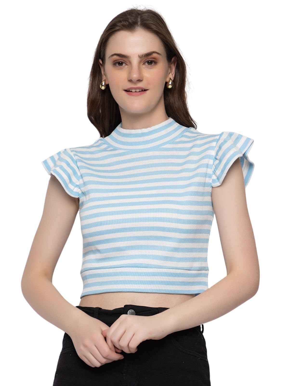 Women’s Ribbed Striped Ruffle-Sleeve Crop Top-image-14