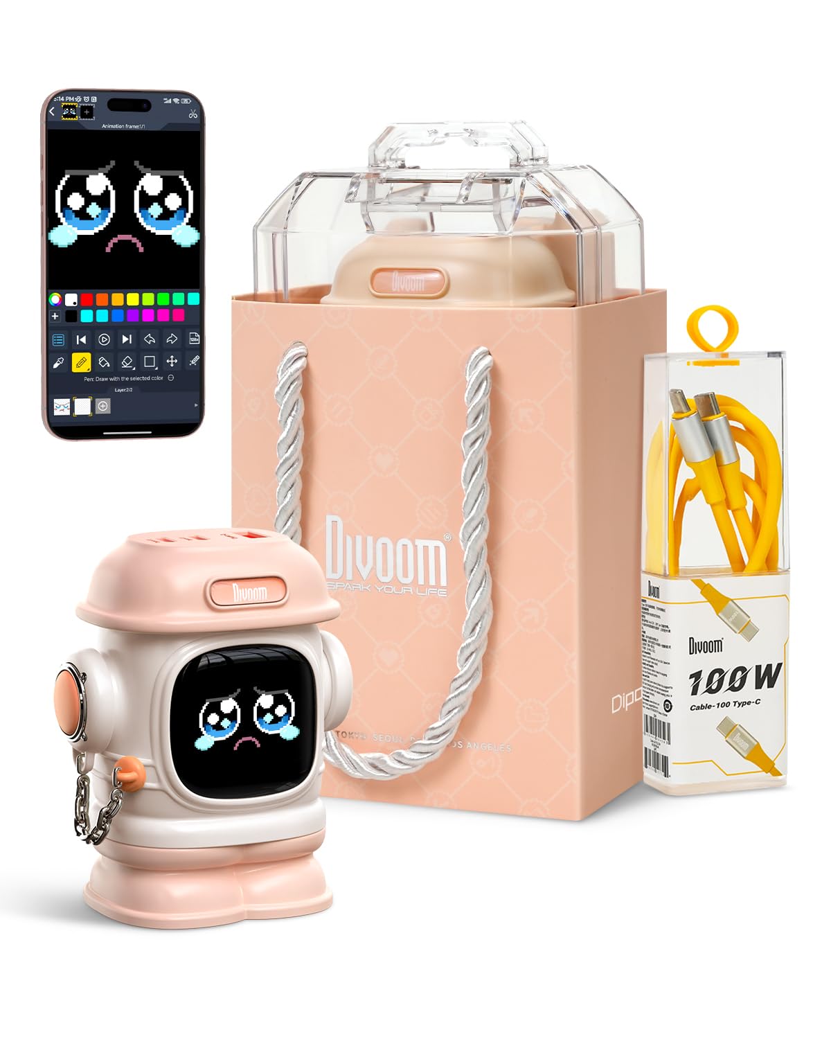 Divoom Dipow 65W USB-C Charger 3-Port Fast GaN Charger with DIY Pixel Display Foldable Compact Wall Block Power Adapter for iPhone 17/16 MacBook iPad Galaxy S23/S24 Switch (with 100w Cable) (Pink)