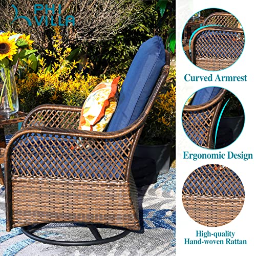 Phi Villa 4 Piece Outdoor Swivel Wicker Chairs Patio Furniture Conversation Set With Square Wood-Like Gas Fire Pit Table, Wicker Patio Rocking Chairs Fire Pit Table Set For Garden (Navy Blue) #TOP3