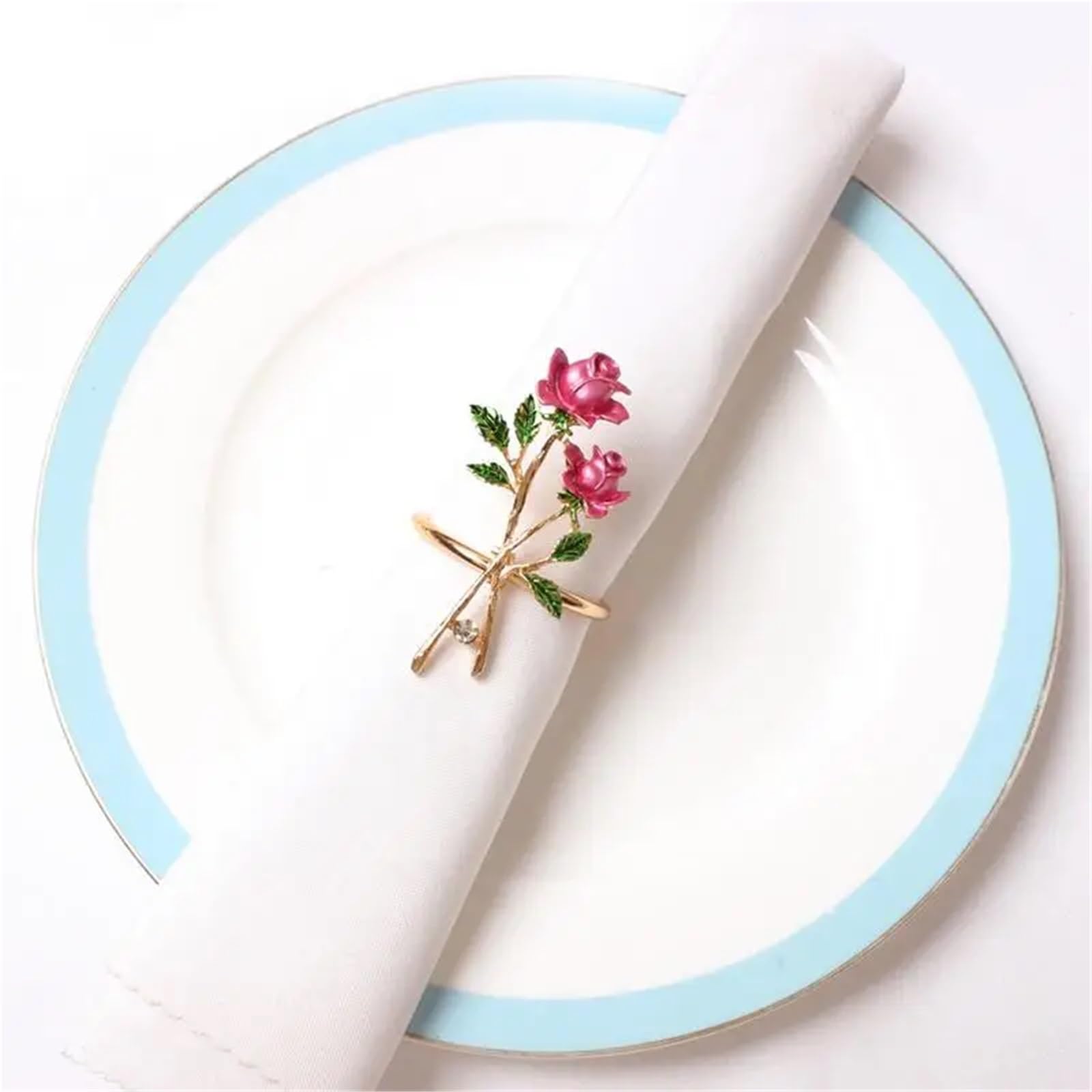 Lot de 12 ronds de serviette romantiques avec motif rose pour décoration de table, banquet, fête de mariage