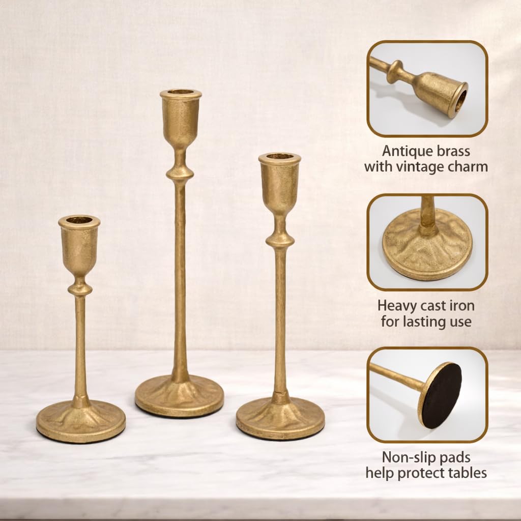 Portavelas, juego de 3 portavelas cónicos con base pesada resistente, soportes de metal dorado de latón mate para decoración de bodas, repisas y mesas, se adapta a velas de 3/4 y 7/8 pulgadas