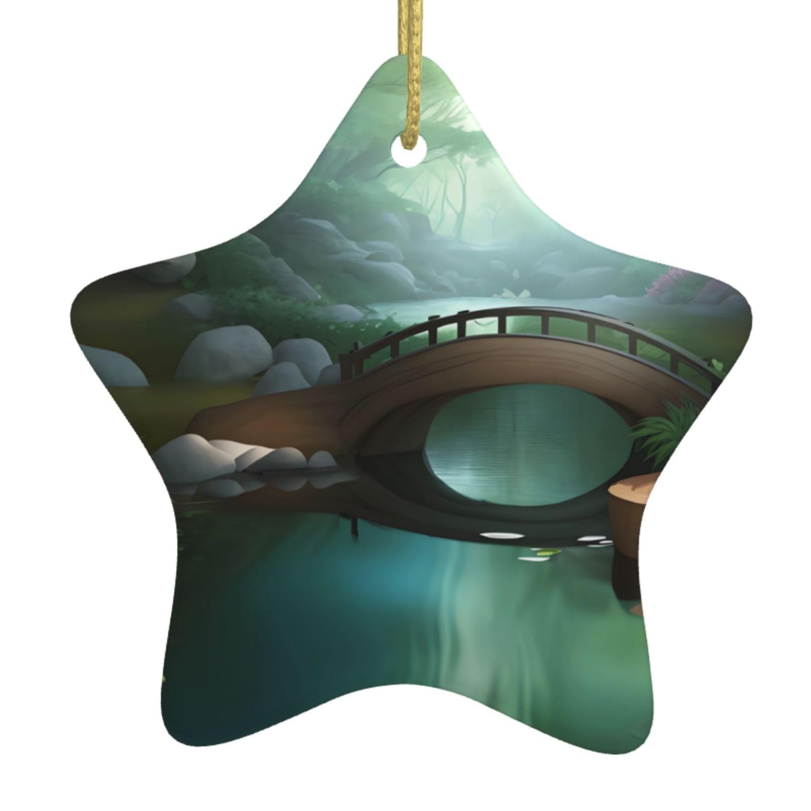 Little Bridge in The East Christmas Ceramic Star Pendant with Punched Holes and Gold Wire Rope, Christmas Tree Home Decoration