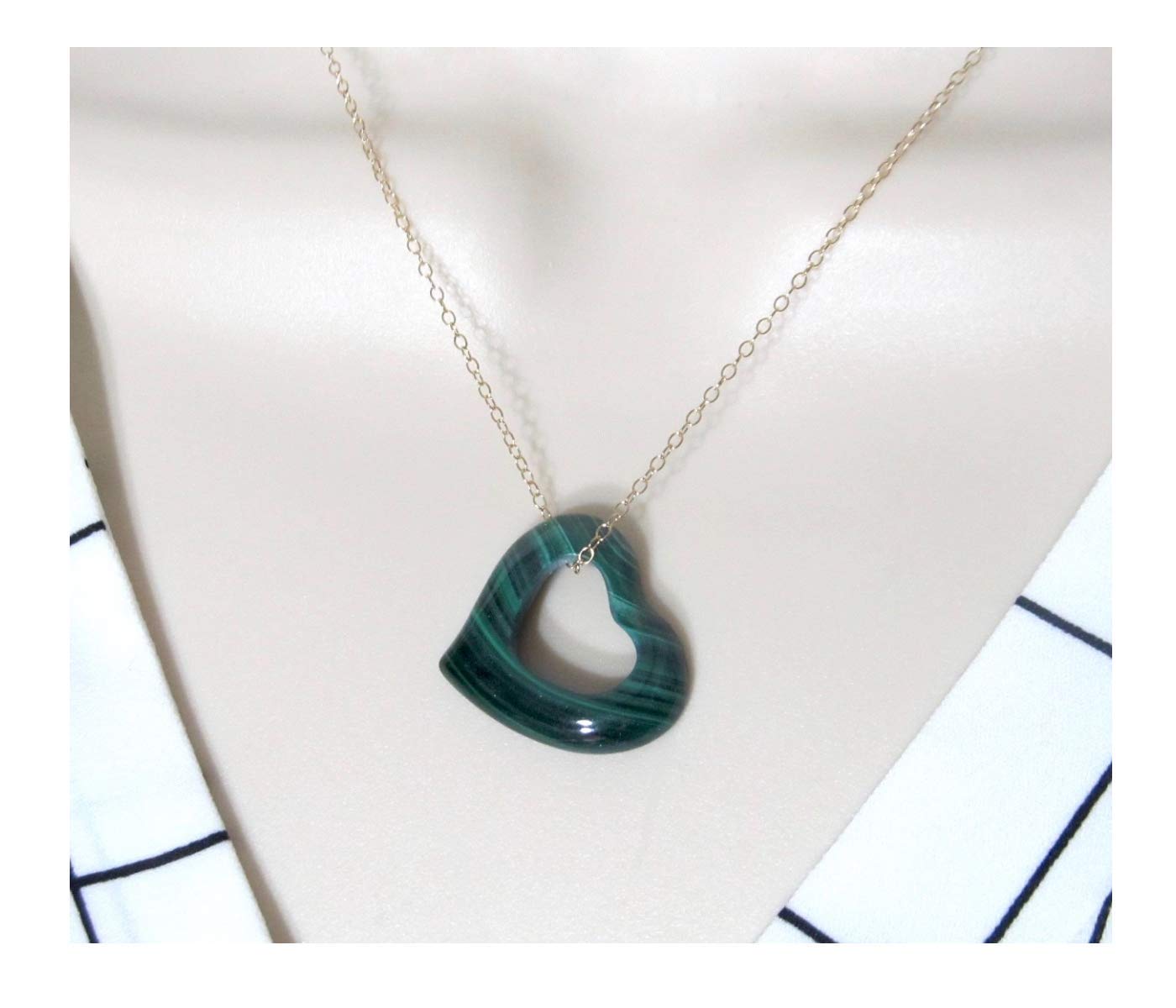 Green Malachite Open Heart Genuine Gemstone Slide Pendant Choker Necklace - Handmade Taurus April May Birthstone Birthday Gift - Adjustable 16 to 18 inches - 14K Gold Filled Chain