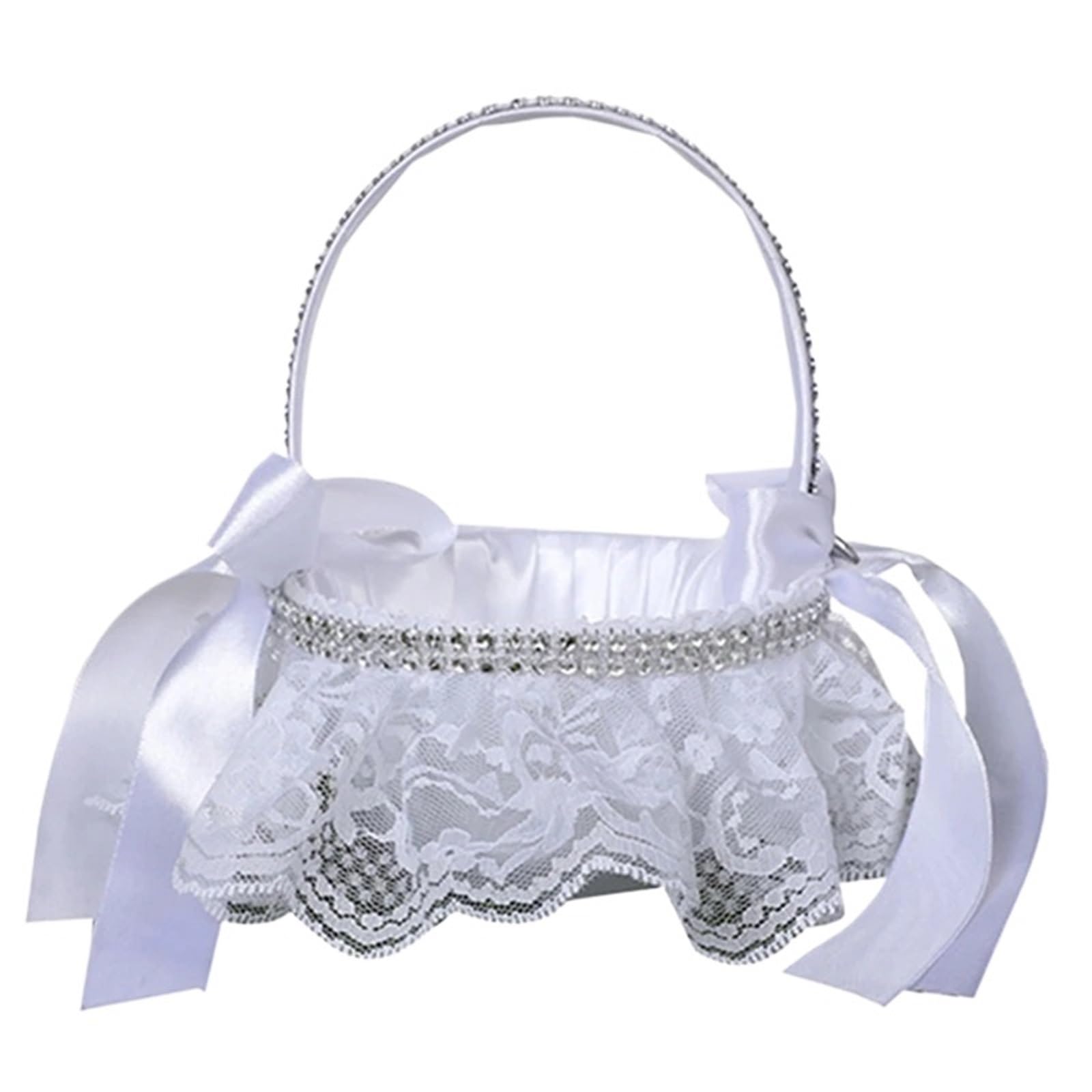 Flower Girl Bow Basket White Satin Lace Faux Flowers