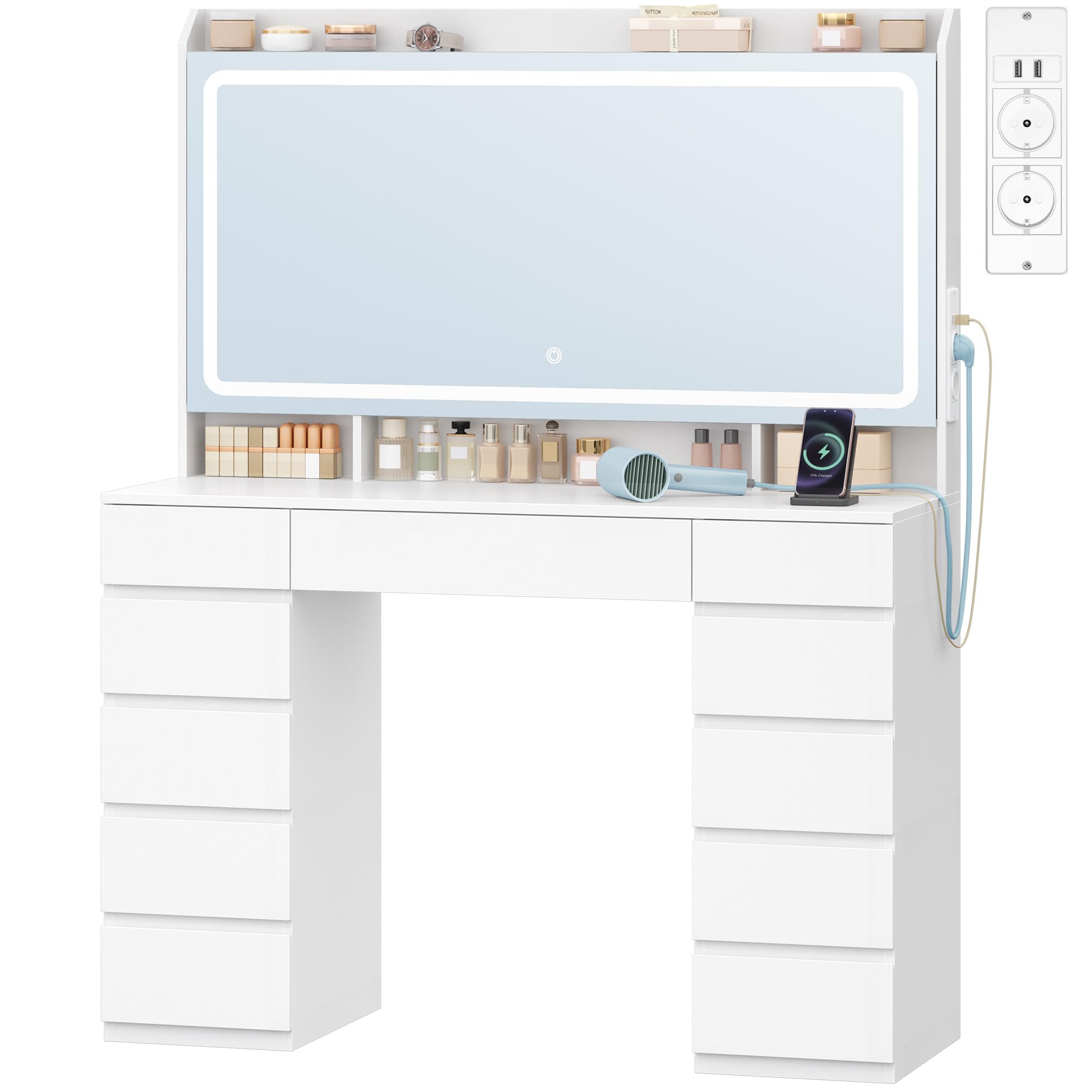 Hzuaneri Coiffeuse avec Grand Miroir HD, Coiffeuse avec 3 Lumières LED à Couleurs Réglables, 11 Tiroirs, 3 Compartiments de Rangement et 1 étagère Supérieure, de Chambre, Blanc DT43003XEU
