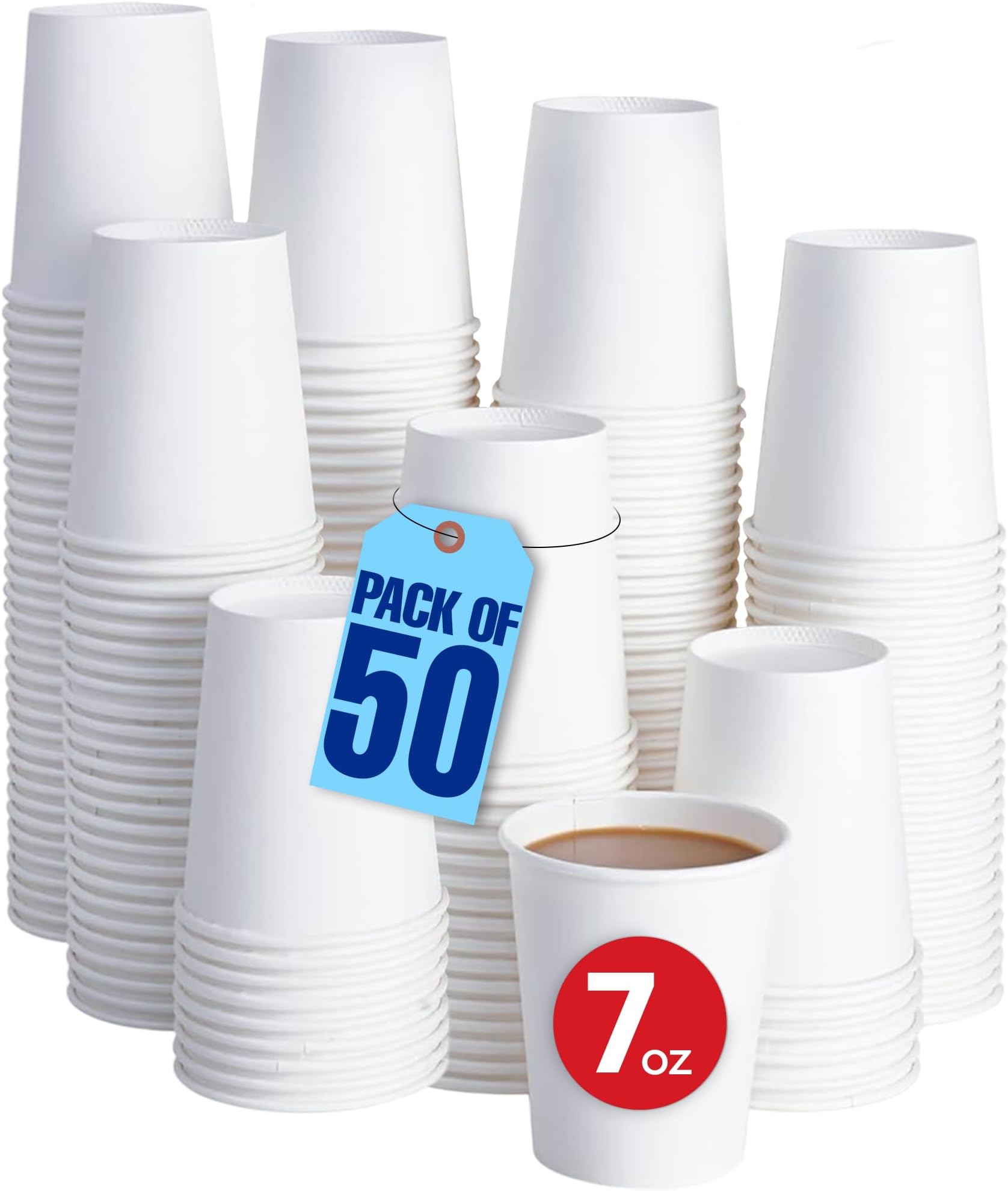 [50 Cups] 7oz. White Paper Cups - Available in 4oz, 8oz, 12oz, 16oz- Disposable Coffee/Tea/Water for Home, Parties or Work