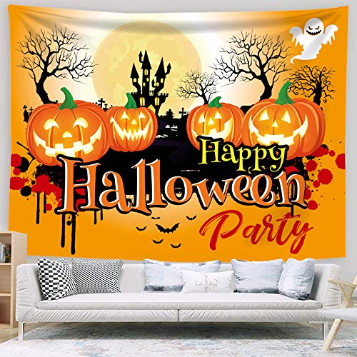 Hakona タペストリー ハロウィン 窓 飾り物 おしゃれ 壁掛け パンプキン装飾 ジャックランタン お城背景 怖い夜 Happy Halloween 装飾布 欧米風 壁装飾 明るいハロウィンウォールアート 寝室 ホーム寮の装飾に 多機能 背景布 毛布寝具壁アート インテリア ホーム装飾品(130*150,A)
