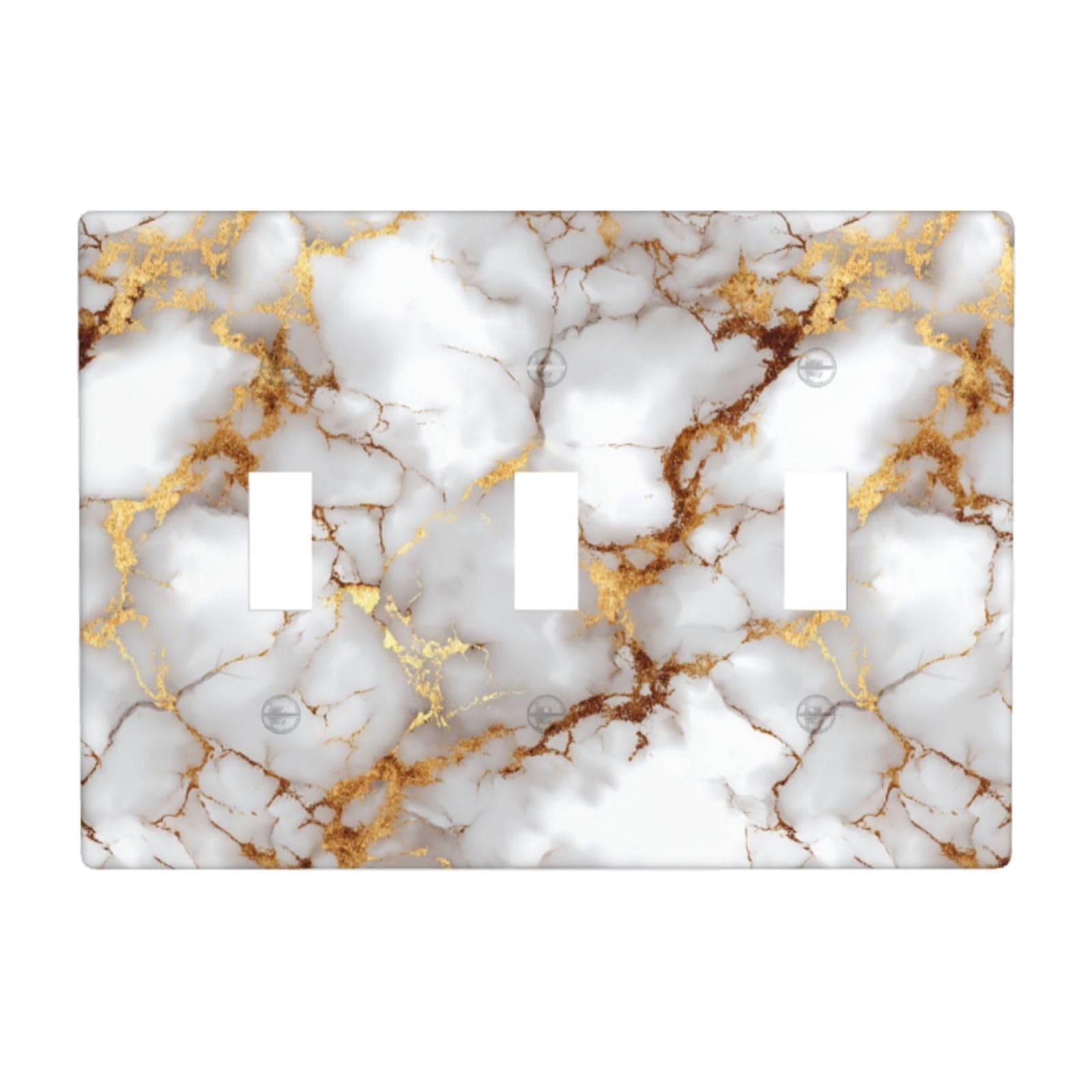 White Marble Texture with Golden Light Switch Covers 3 Gang Triple Toggle Wall Plate Switchplate Electrical Faceplate for Bathroom Kitchen Bedroom Decor