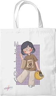 Cute Cartoon Cotton Tote Bag Canvas Bag - Anime Girl with "HELLO" - Reusable Daypack