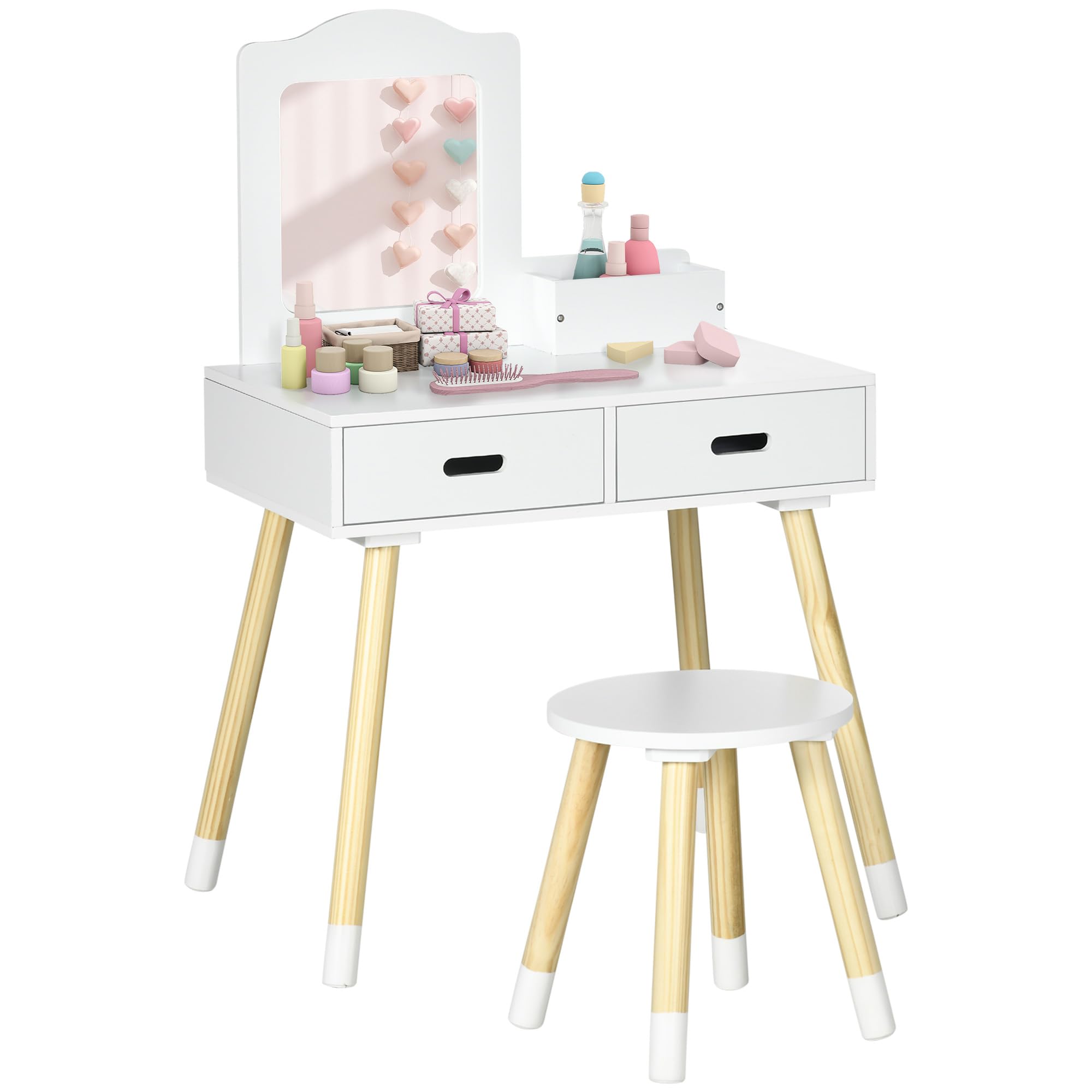 ZONEKIZ Tocador para Niñas Tocador de Madera Infantil con Taburete y Espejo Centro de Belleza con 2 Cajones Juguete Educativo para Niñas de 3-6 Años 60x40x95 cm Blanco