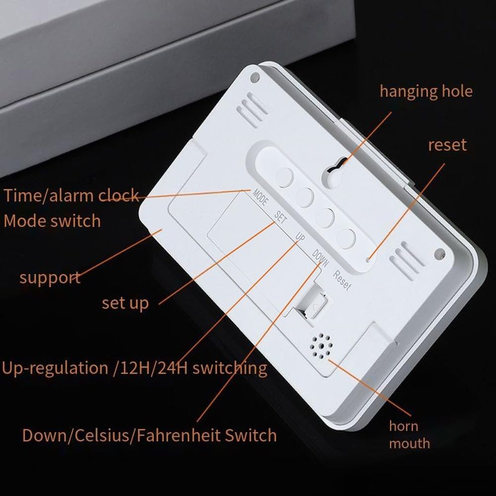 Reloj despertador digital con pantalla LCD para calendario perpetuo, monitor de temperatura y humedad, 9 tonos musicales, formato 12/24h, retroiluminación para dormitorio, escritorio, oficina