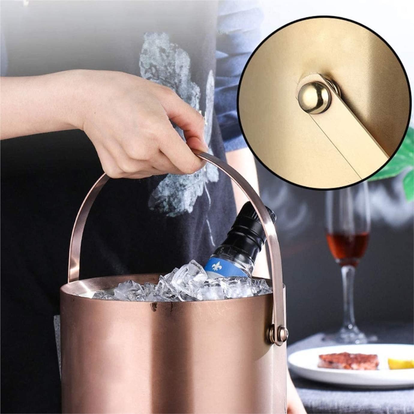 Cocina Utensilios De Bar Cubo De Hielo De Acero Inoxidable con Tapa Cubo De Champán para Bar Cubo De Champán(Gold,3L)