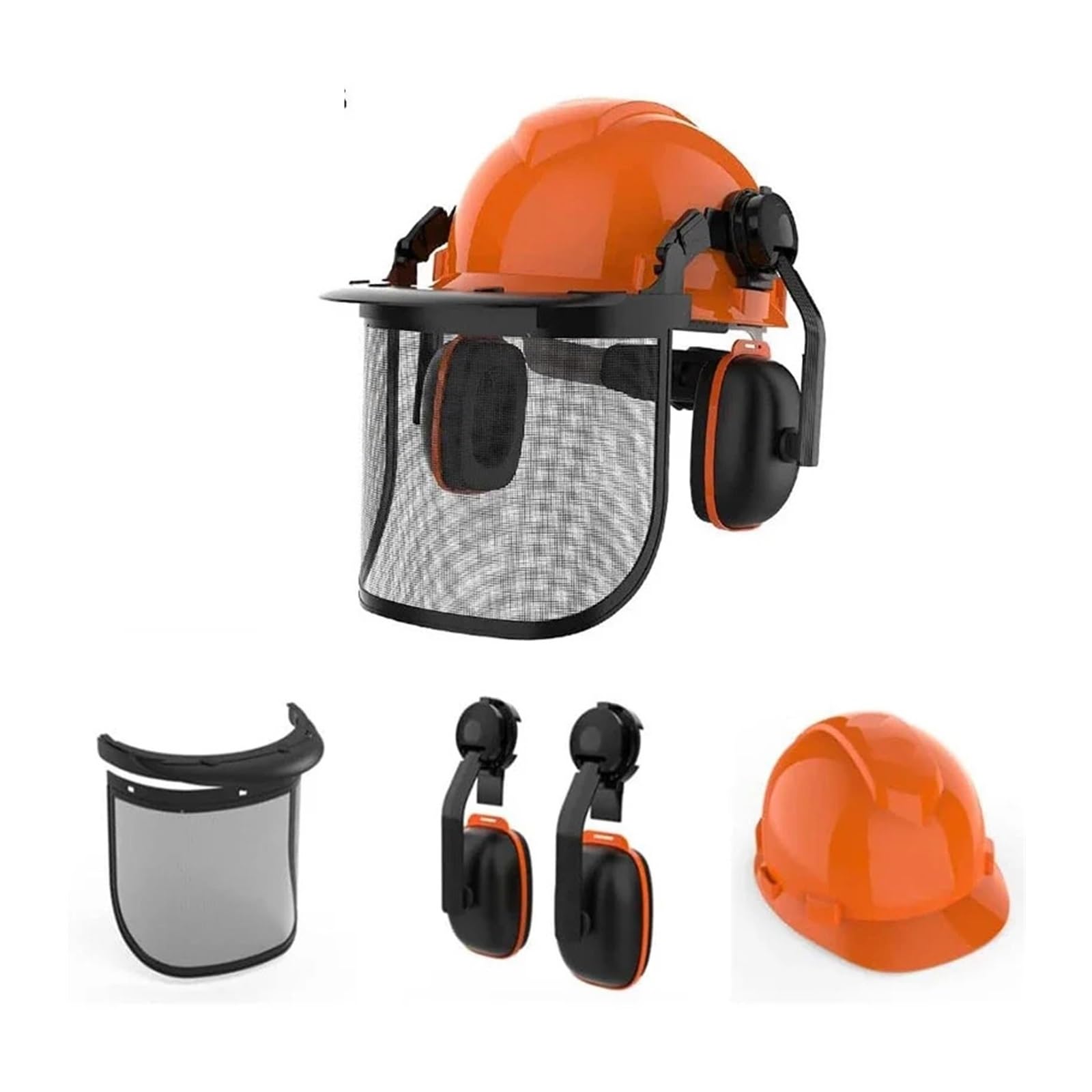 Generico Casco di Sicurezza 3 in 1 con Visiera in Rete e Cuffie | Casco ABS, schermo facciale in rete metallica regolabile, cuffie rotanti, misura testa 54-62cm(3in1 face mask(1pc))