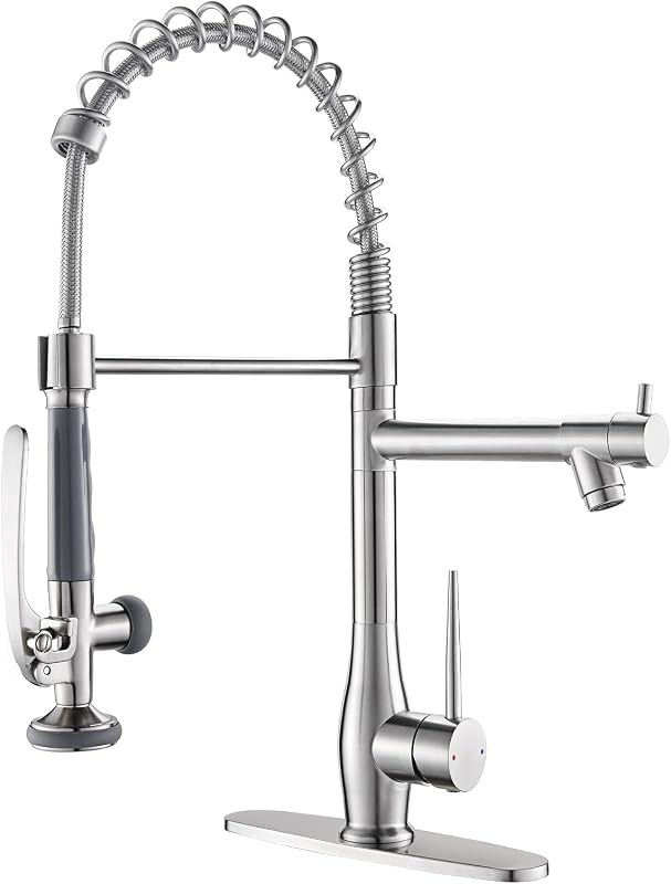 GIMILI Grifo para fregadero de cocina comercial con pulverizador desplegable de níquel cepillado | Rociador de doble cabezal de alta presión, Construcción de acero inoxidable, Control de manija única, Placa de cubierta incluida, Estilo moderno