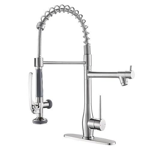 GIMILI Kitchen Faucet with Pull Down Sprayer Single Handle High Pressure Brushed Nickel Kitchen Sink Faucet Commercial Double-Headed Stainless Steel Kitchen Faucets Sink with Deck Plate